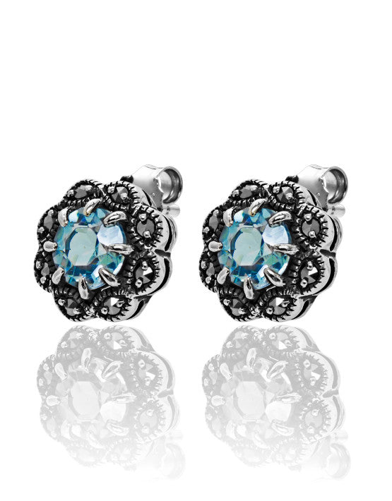 Marcasite and Blue Topaz Flower Studs - Magpie Jewellery