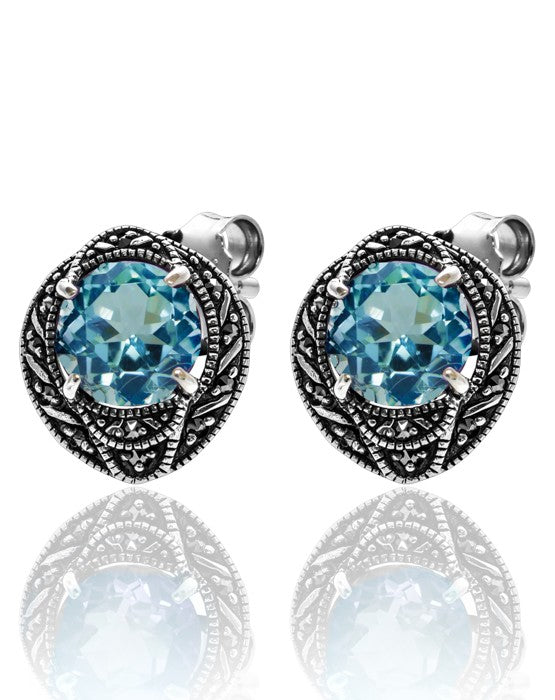 Blue Topaz studs with Oval Marcasite Halo - Magpie Jewellery