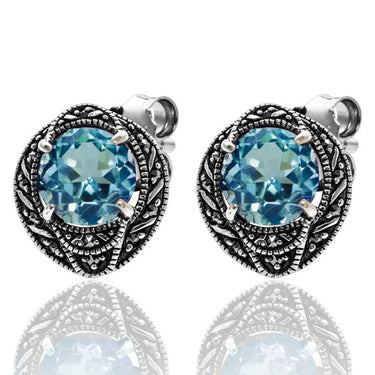 Blue Topaz studs with Oval Marcasite Halo - Magpie Jewellery