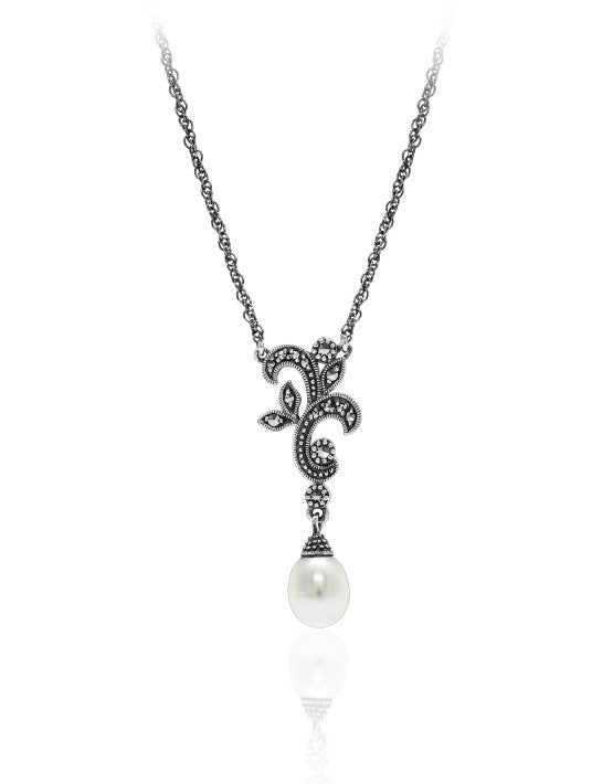 Pearl & Marcasite Filigree Necklace - Magpie Jewellery