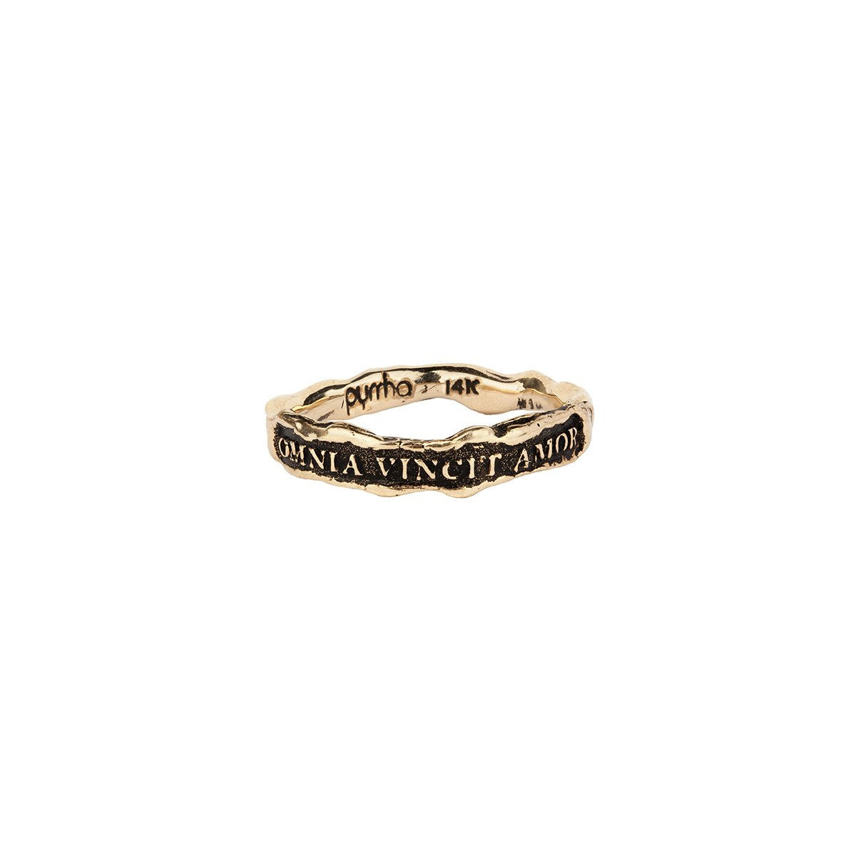 Omnia Vincit Amor (Love Conquers All) Narrow 14k Gold Textured Band Ring - Magpie Jewellery