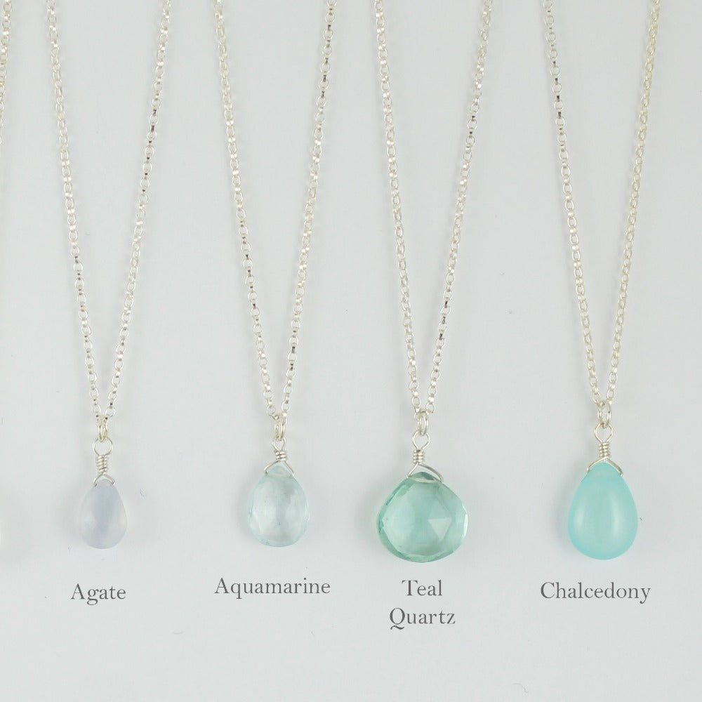 Silver Gemstone Solo Necklace | Magpie Jewellery | Agate, Faceted | Aquamarine, Faceted | Teal Quartz, Faceted | Aqua Chalcedony | Listed Left-to-Right | Labelled