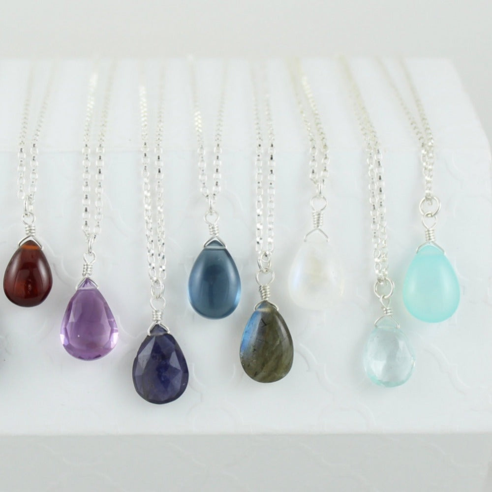 Silver Gemstone Solo Necklace | Magpie Jewellery | Black Onyx | Garnet | Amethyst, Faceted | Iolite, Faceted | Dark Blue Quartz | Labradorite | Moonstone | Aquamarine, Faceted | Aqua Chalcedony | Listed Left-to-Right