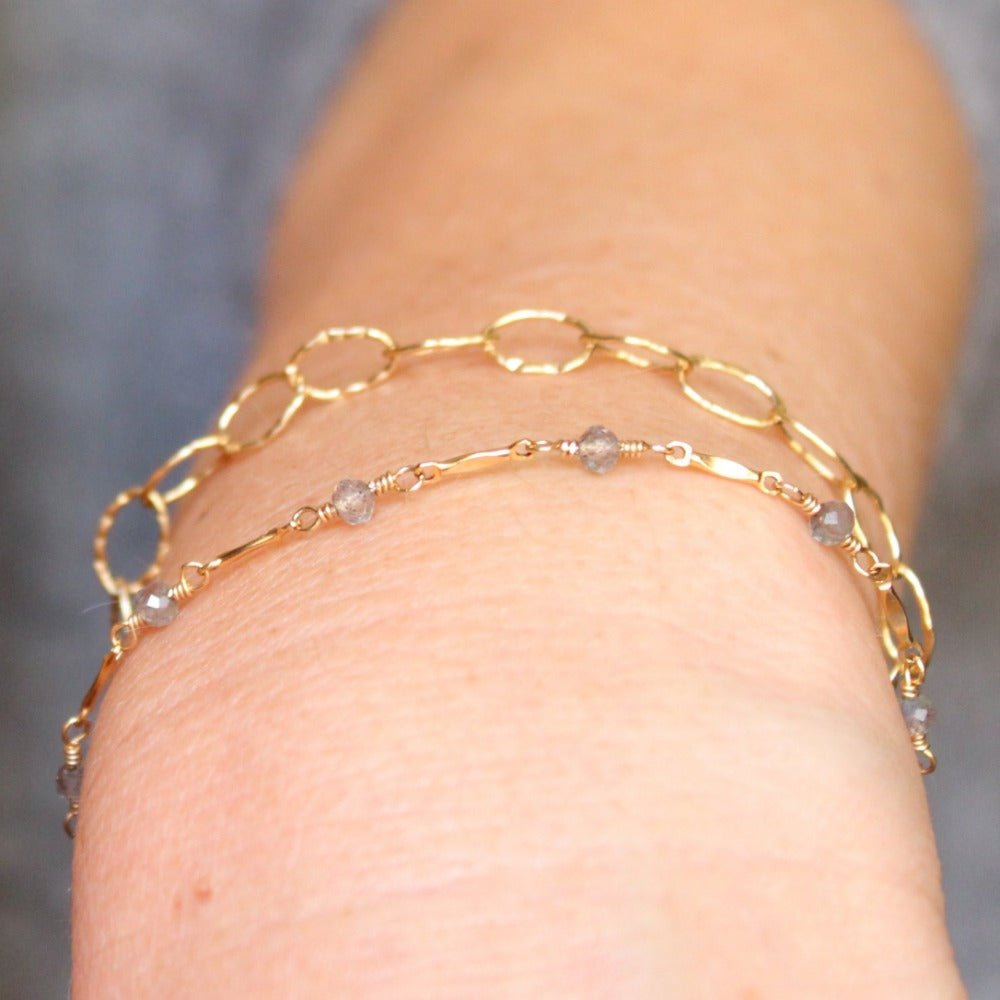 Dapped Bar & Gemstone Chain Bracelet | Magpie Jewellery | Yellow Gold | Labradorite | On Model | Layered
