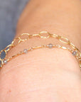 Dapped Bar & Gemstone Chain Bracelet | Magpie Jewellery | Yellow Gold | Labradorite | On Model | Layered