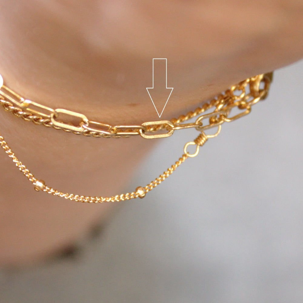 Fine Paperclip Chain Bracelet | Magpie Jewellery | Yellow Gold | On Model | Layered with Satellite and Curb Chain Bracelets