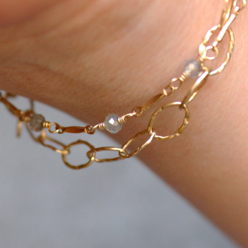 Hammered Oval Link Bracelet | Magpie Jewellery | Yellow Gold | On Model | Layered with Dapped Bar & Gemstone Chain Bracelet