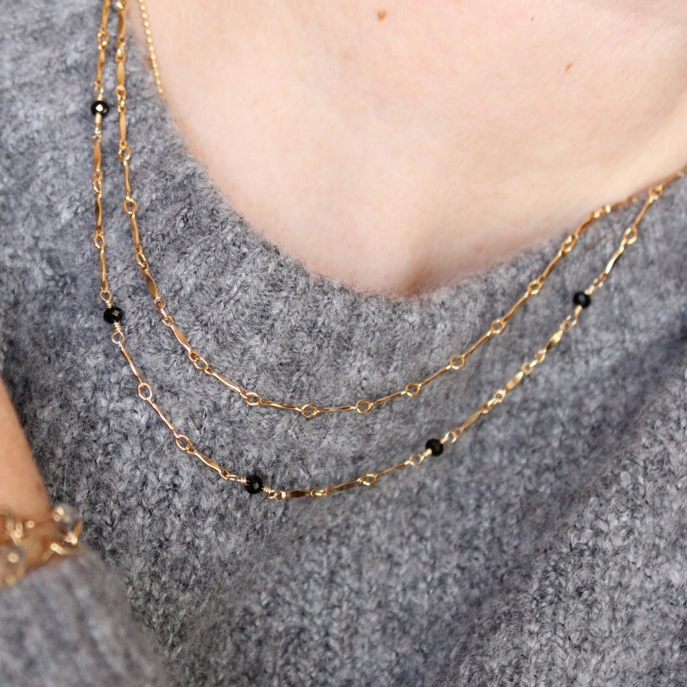 Dapped Bar with Gemstone Chain | Magpie Jewellery | Yellow Gold | On Model | Layered 18&quot; Black Onyx with 16&quot; Dapped Chain