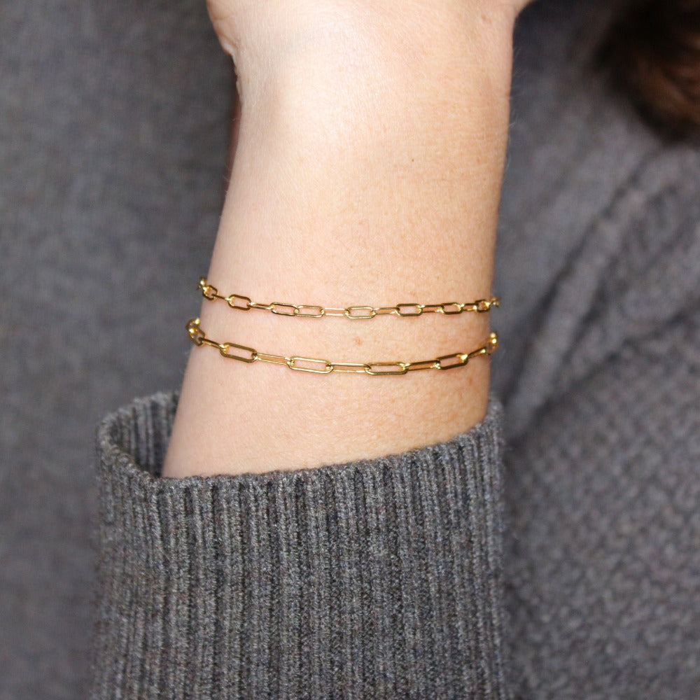 Fine Paperclip Chain Bracelet | Magpie Jewellery | Yellow Gold | On Model | Layered with Heavier Paperclip Chain Bracelet