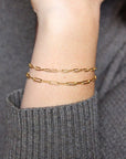 Fine Paperclip Chain Bracelet | Magpie Jewellery | Yellow Gold | On Model | Layered with Heavier Paperclip Chain Bracelet