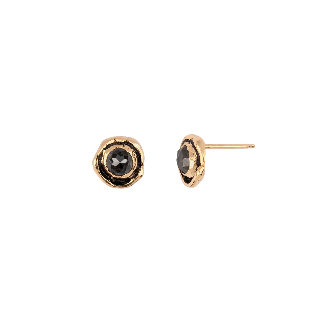 Small Charcoal Rustic Diamond Faceted Stone 14K Gold Stud | Magpie Jewellery