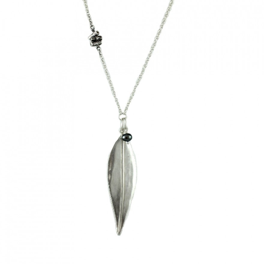Willow Leaf with Oxidized Twig and Pearl Necklace - Magpie Jewellery