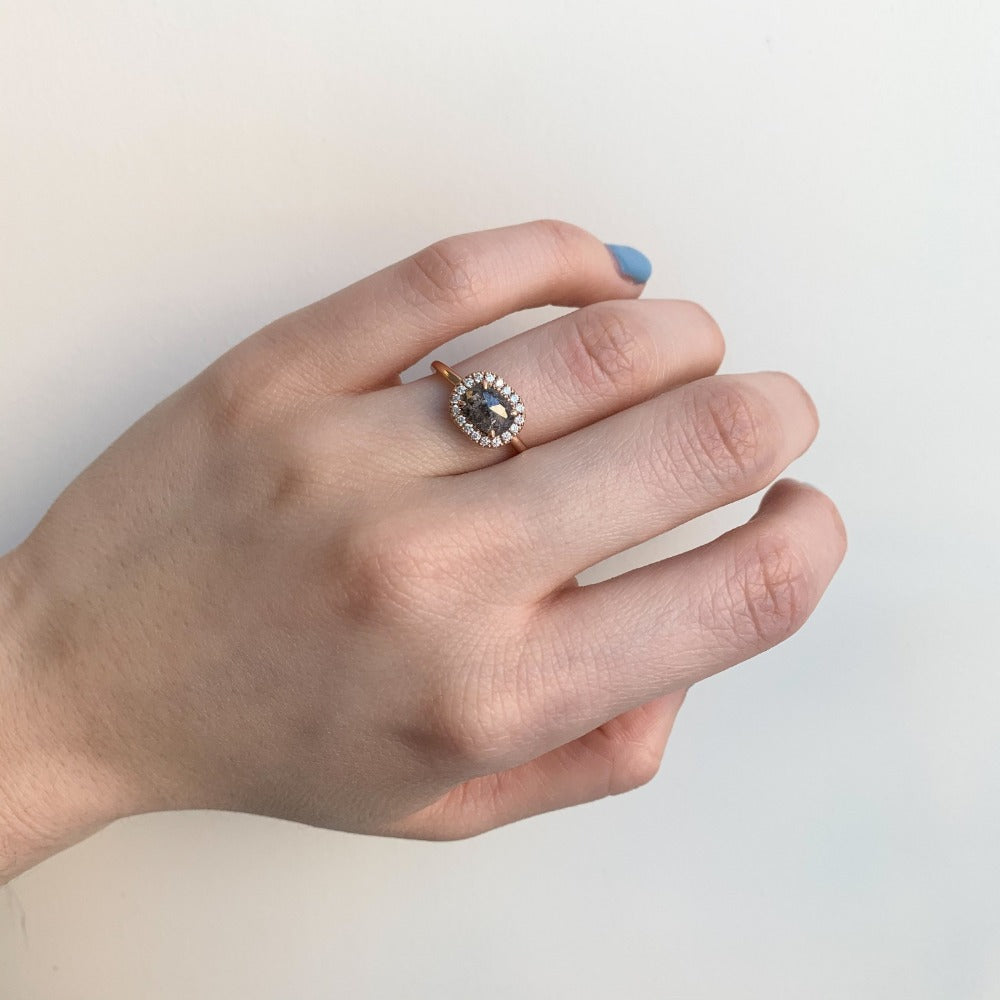 Rose Gold Salt &amp; Pepper Diamond Halo Engagement Ring | Magpie Jewellery