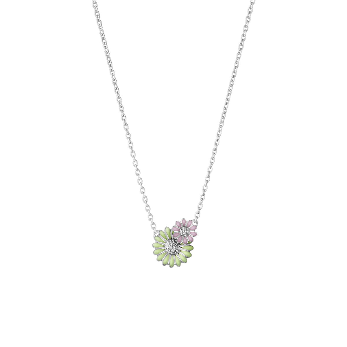 Sterling Silver DAISY Pendant with Green and pink enamel | Magpie Jewellery