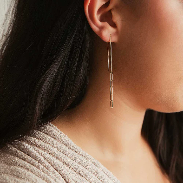 Gold-filled chain threader earrings worn by a model. They hang to approximately chin-length with the chain pulled through only to the top of where the hanging links begin.