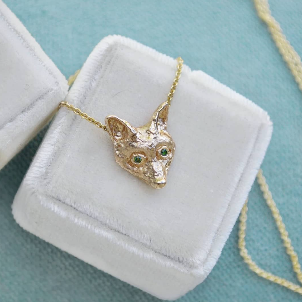 Fox Pendant Necklace with Green Diamond Eyes - Magpie Jewellery