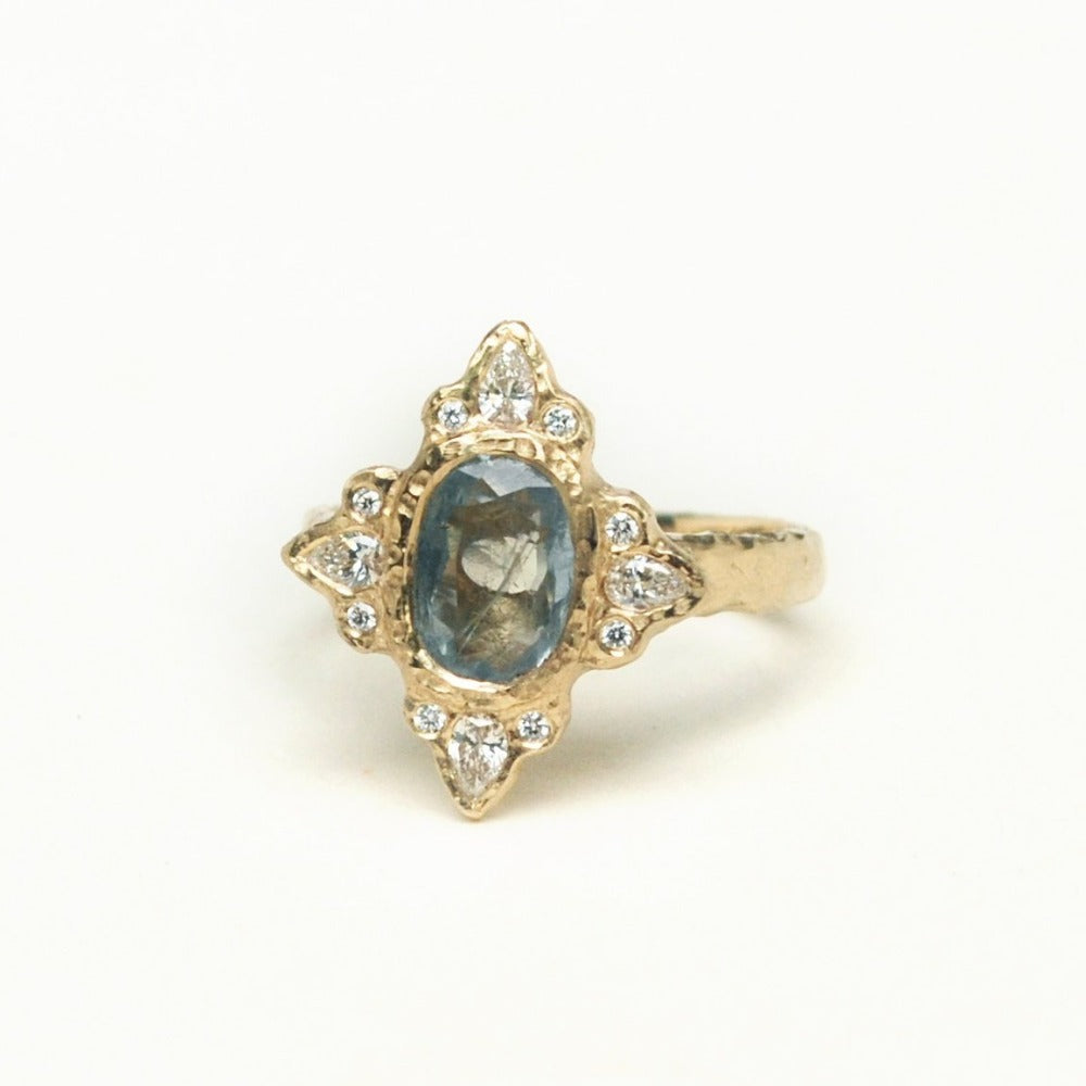 Ornate Oval Rustic Blue Sapphire Halo Ring - Magpie Jewellery