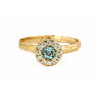 Gold Aquamarine Ring with Halo of Diamonds