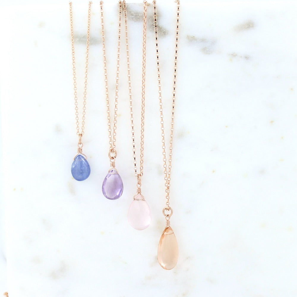 Rose Gold Fill Solo Gemstone Necklace | Magpie Jewellery | Iolite (Not Listed For Sale) | Amethyst | Rose Quartz | Champagne Quartz | Listed Left-to-Right