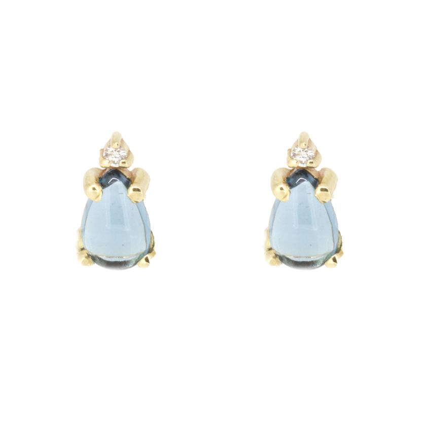 A Pair of pear-shaped blue topaz stones gracefully set in 14-karat solid gold, accented with a delicate diamond at the tip