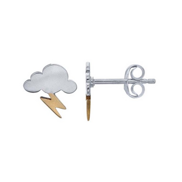 Silver Cloud Stud Earrings with Bronze Lightning Bolt - Magpie Jewellery