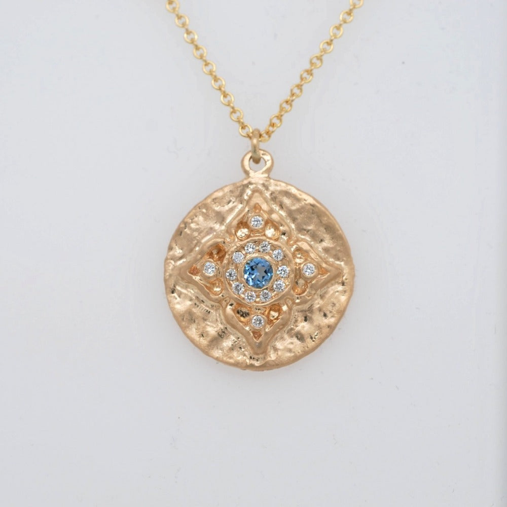 Aquamarine Mandala Necklace with Diamond Halo - Magpie Jewellery