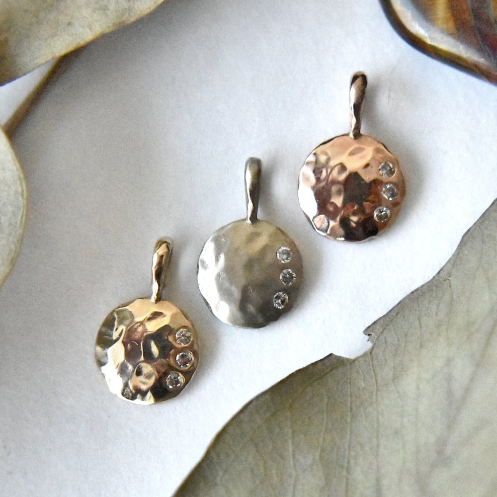 Organic Round Hammered Pendant with Three Diamonds - Magpie Jewellery