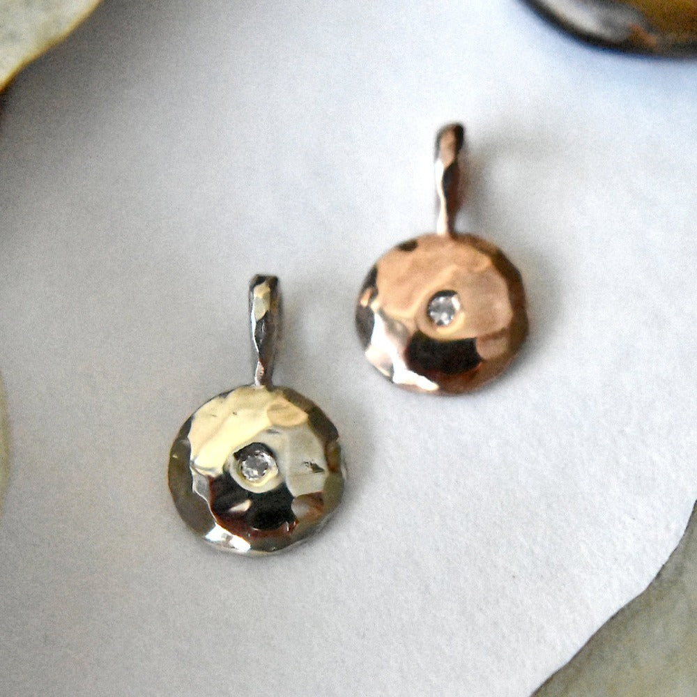 Organic Round Hammered Pendant with One Diamond - Magpie Jewellery