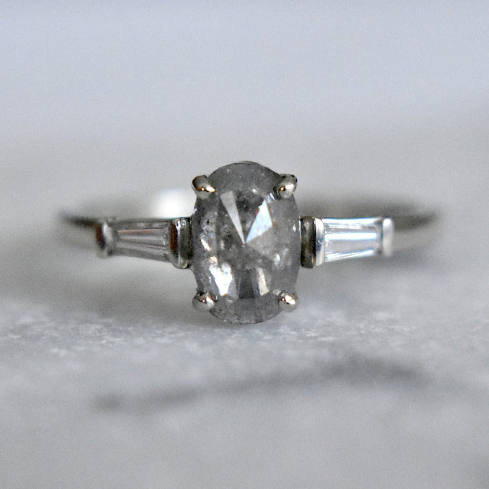 Oval Salt &amp; Pepper Diamond Engagement Ring with Tapered Baguettes - Magpie Jewellery