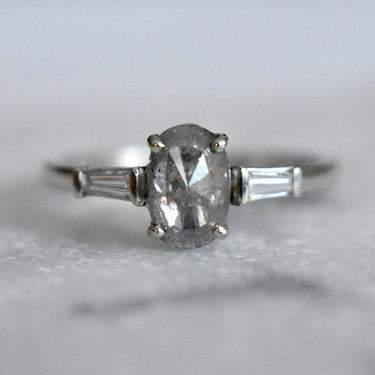 Oval Salt & Pepper Diamond Engagement Ring with Tapered Baguettes - Magpie Jewellery