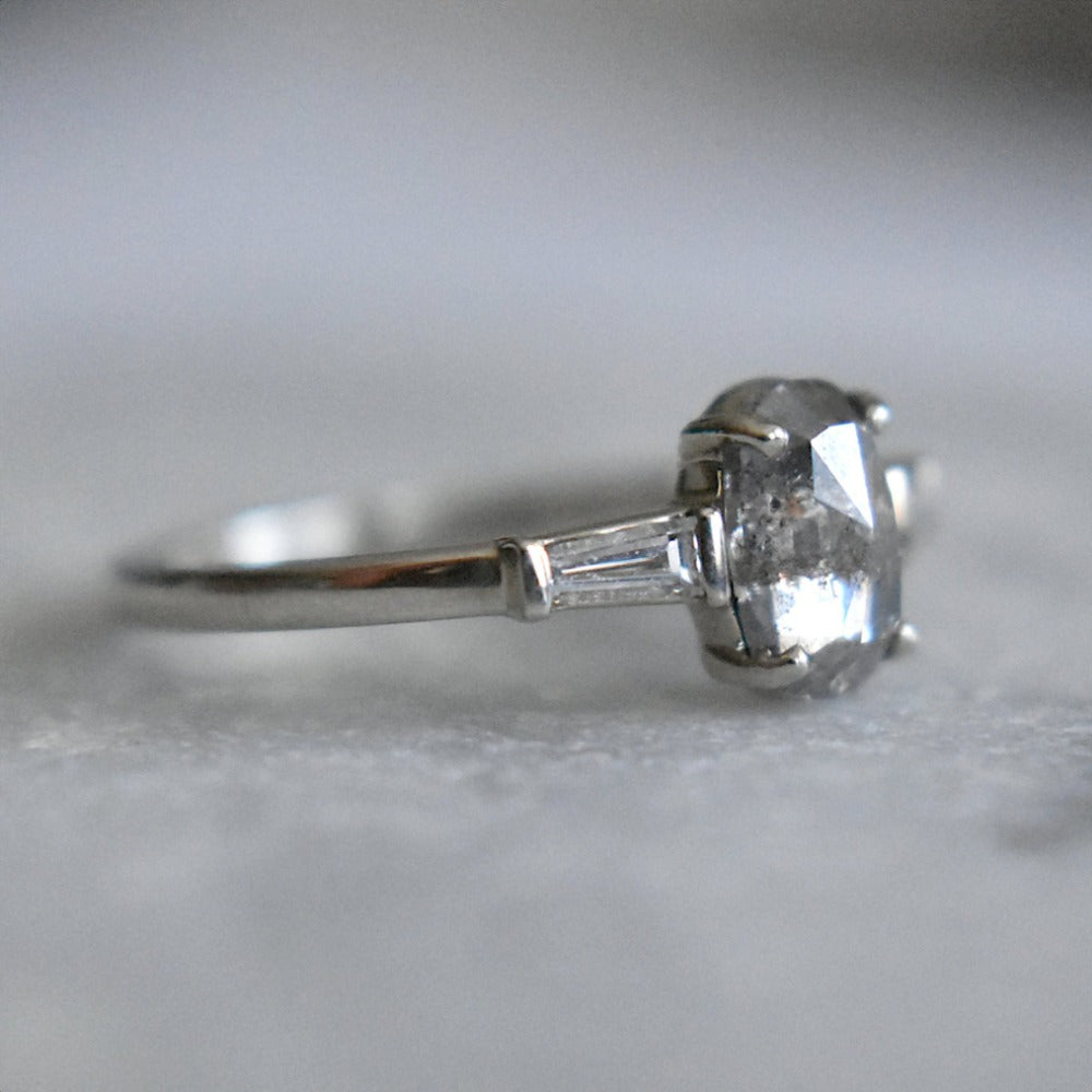 Oval Salt &amp; Pepper Diamond Engagement Ring with Tapered Baguettes - Magpie Jewellery