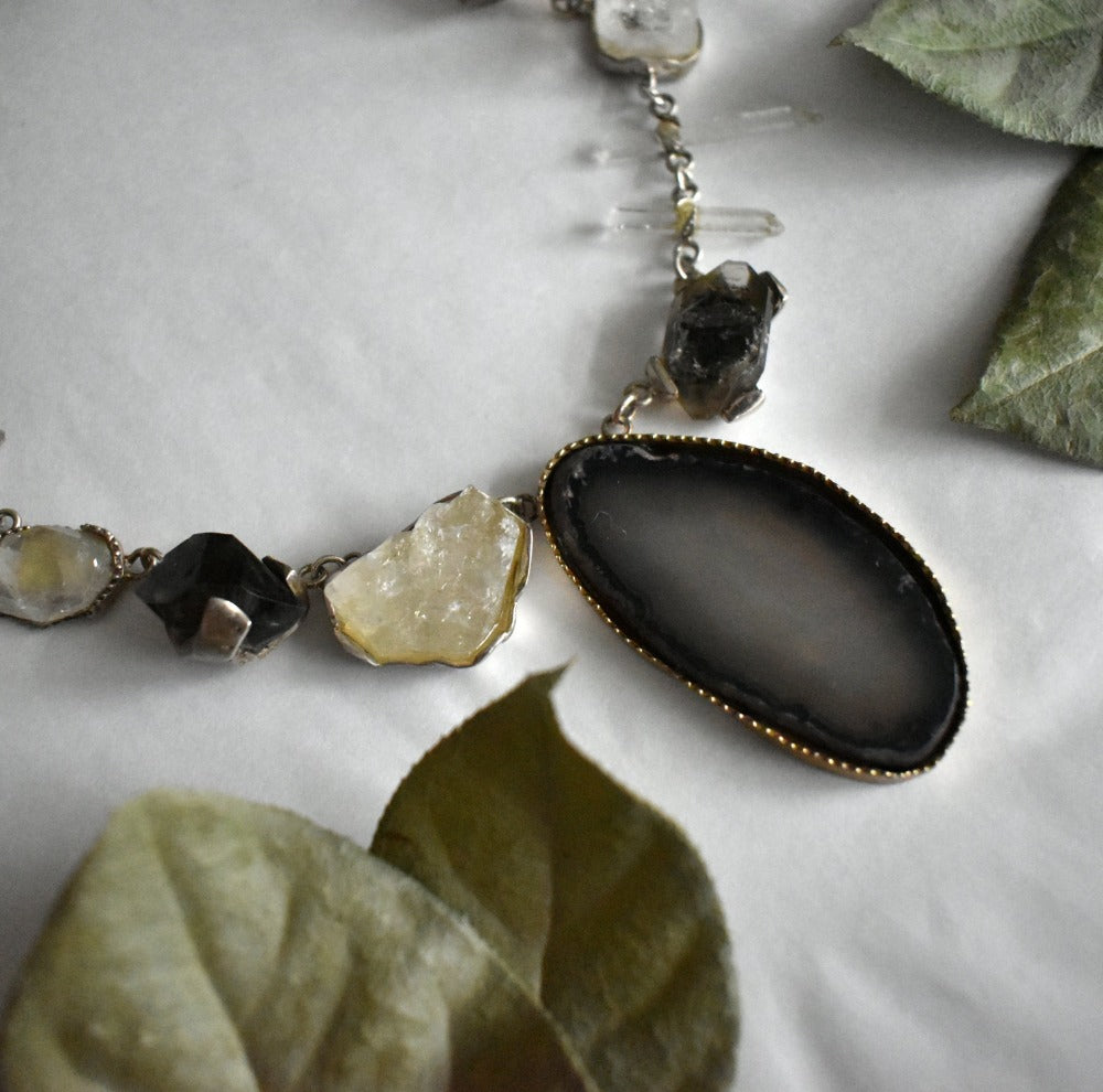 Ambrosia Statement Necklace with Agate, Apophyllite, Quartz & Amethyst - Magpie Jewellery