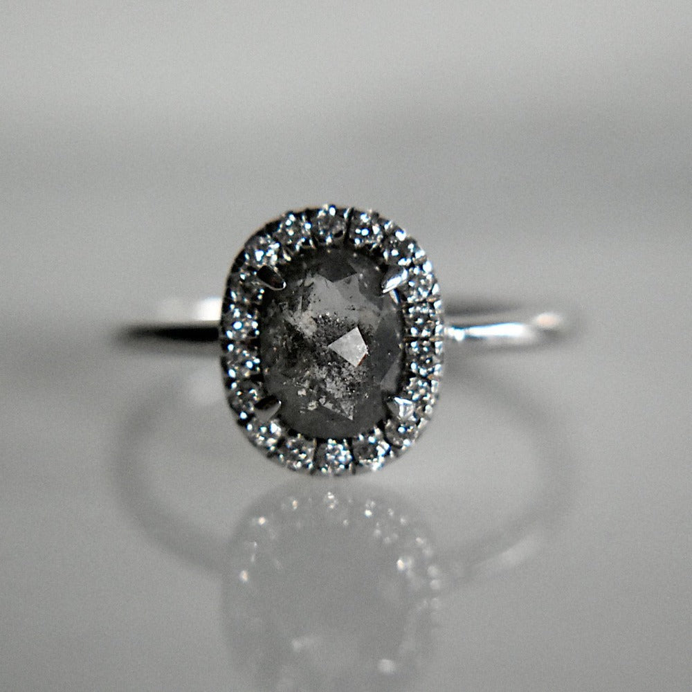 Oval Rose-Cut Salt &amp; Pepper Diamond Halo Engagement Ring - Magpie Jewellery