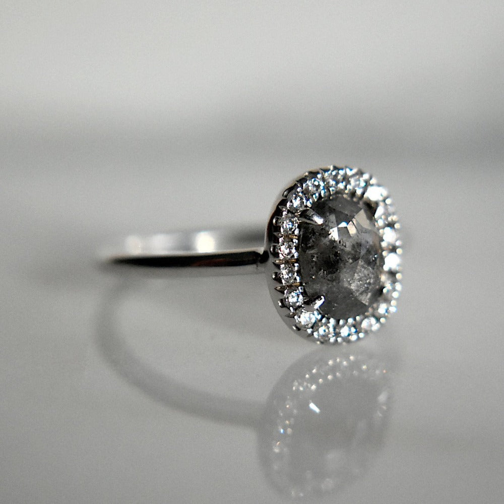 Oval Rose-Cut Salt & Pepper Diamond Halo Engagement Ring - Magpie Jewellery