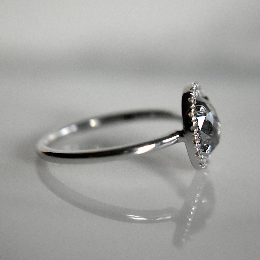 Oval Rose-Cut Salt & Pepper Diamond Halo Engagement Ring - Magpie Jewellery