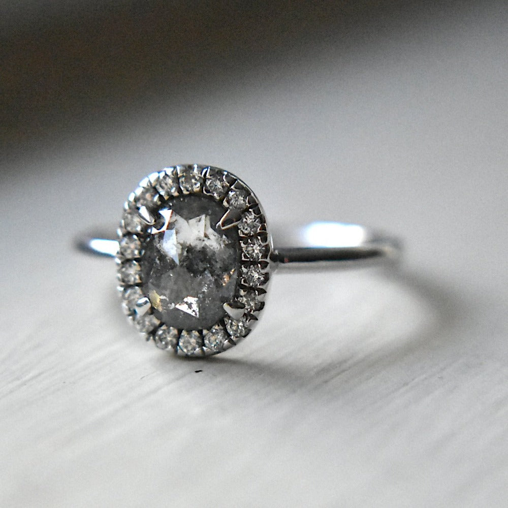 Oval Rose-Cut Salt &amp; Pepper Diamond Halo Engagement Ring - Magpie Jewellery