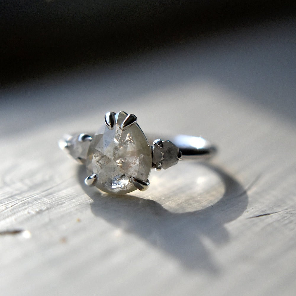 Rose-Cut Teardrop Grey Diamond Engagement Ring with Diamond Accents - Magpie Jewellery