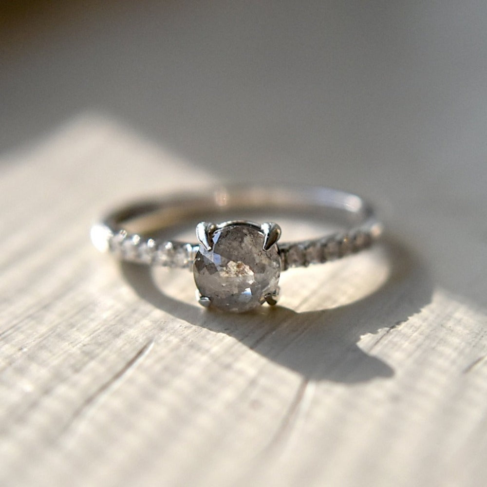 Rose-Cut Grey Diamond Engagement Ring with Shoulder Diamonds - Magpie Jewellery