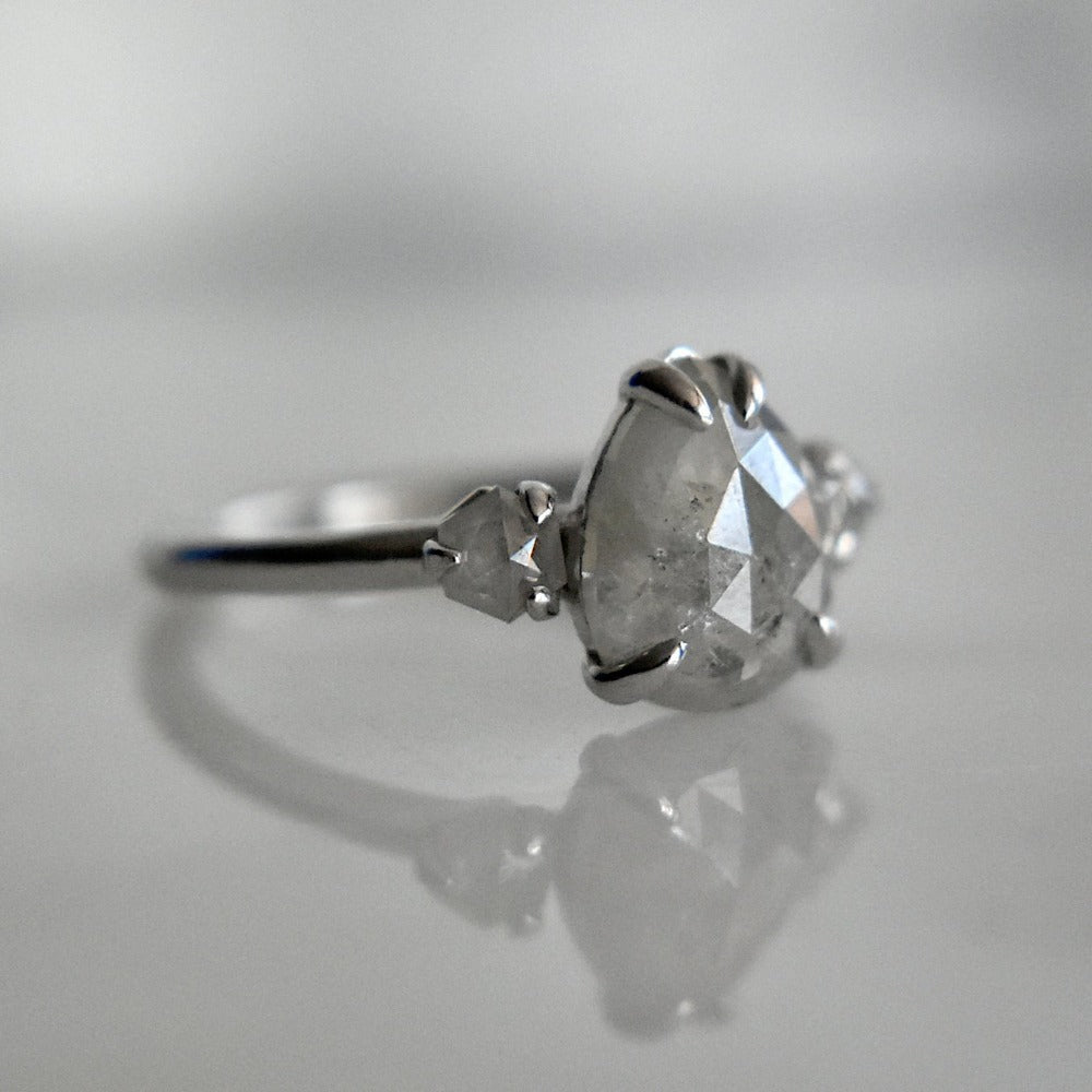 Rose-Cut Teardrop Grey Diamond Engagement Ring with Diamond Accents - Magpie Jewellery