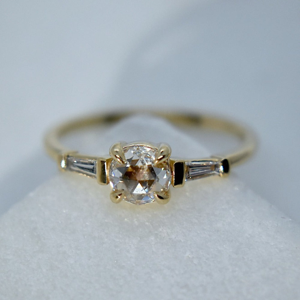 Rose-Cut White Diamond Engagement Ring with Tapered Baguette Accents - Magpie Jewellery