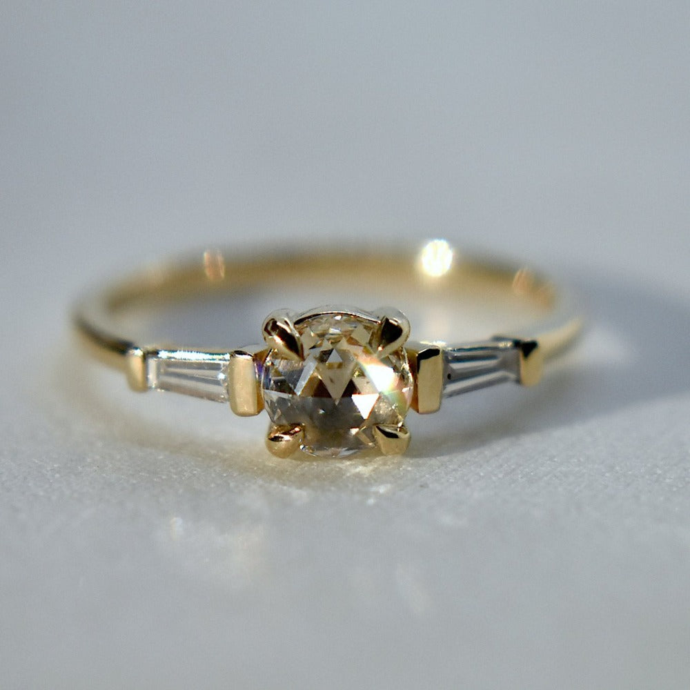 Rose-Cut White Diamond Engagement Ring with Tapered Baguette Accents - Magpie Jewellery