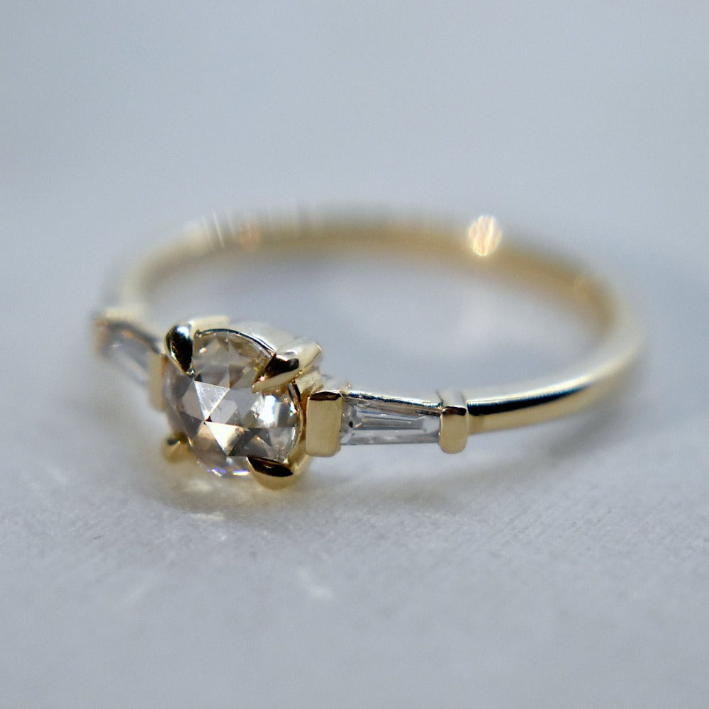 Rose-Cut White Diamond Engagement Ring with Tapered Baguette Accents - Magpie Jewellery