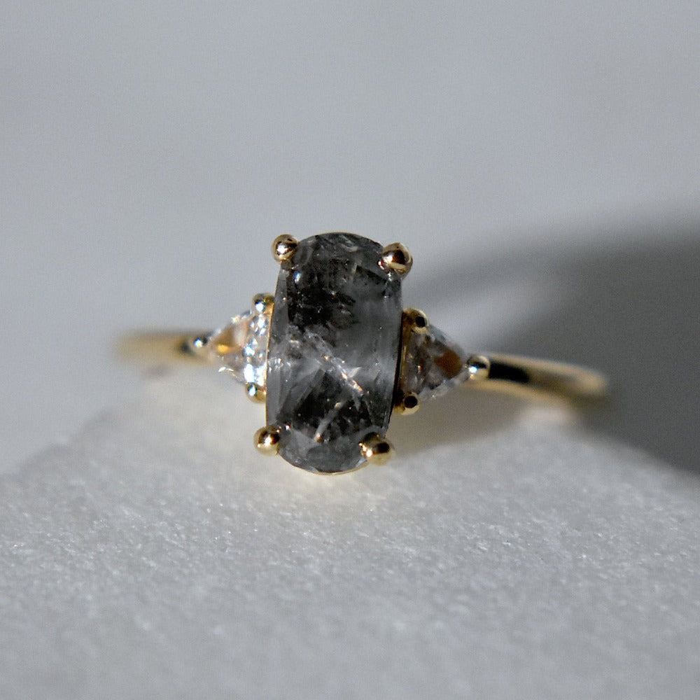 Oval Brilliant Cut Salt &amp; Pepper Diamond Engagement Ring with White Trillion Accents - Magpie Jewellery