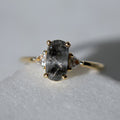 Oval Brilliant Cut Salt & Pepper Diamond Engagement Ring with White Trillion Accents - Magpie Jewellery