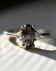 Oval Brilliant Cut Salt & Pepper Diamond Engagement Ring with White Trillion Accents - Magpie Jewellery