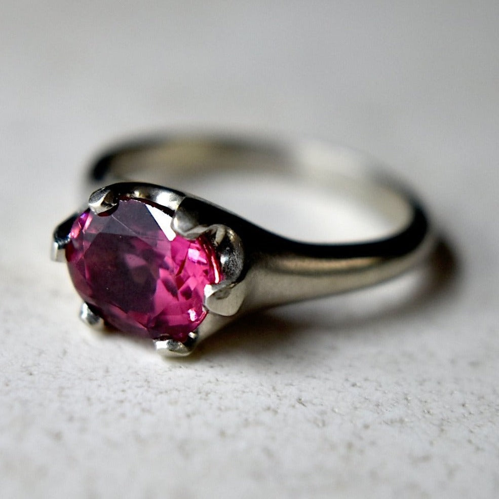 6-Prong Pink Tourmaline Ring in 14kw - Magpie Jewellery