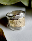 Extra Wide Tapered Wolf Ring with 14k Yellow Gold Overlay - Magpie Jewellery