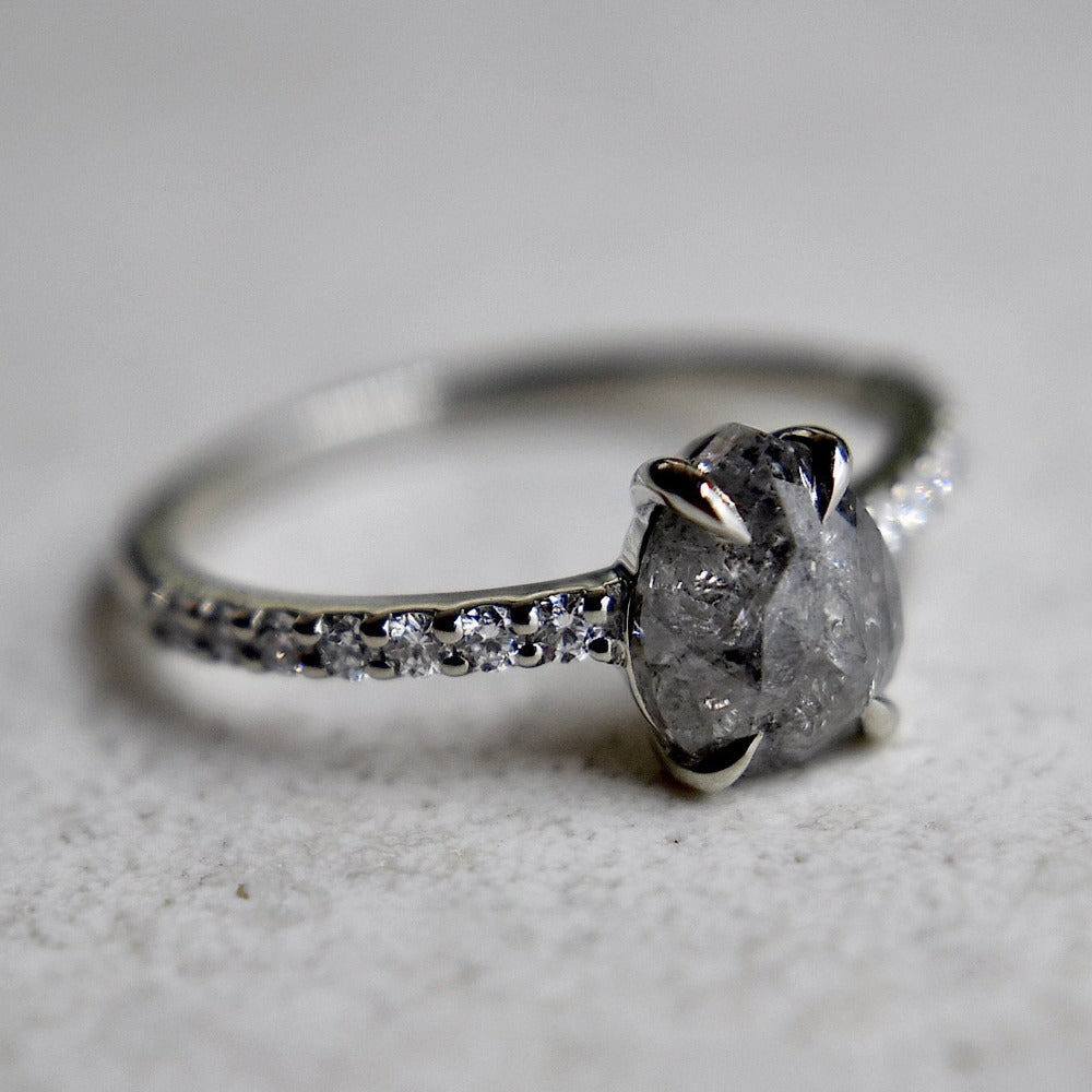 Pear-Shaped Salt &amp; Pepper Diamond Engagement Ring - Magpie Jewellery