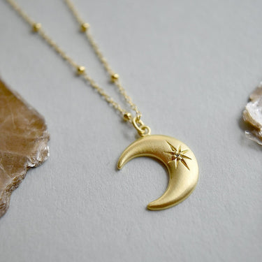 Crescent Moon Necklace with Star Set White Sapphire - Magpie Jewellery