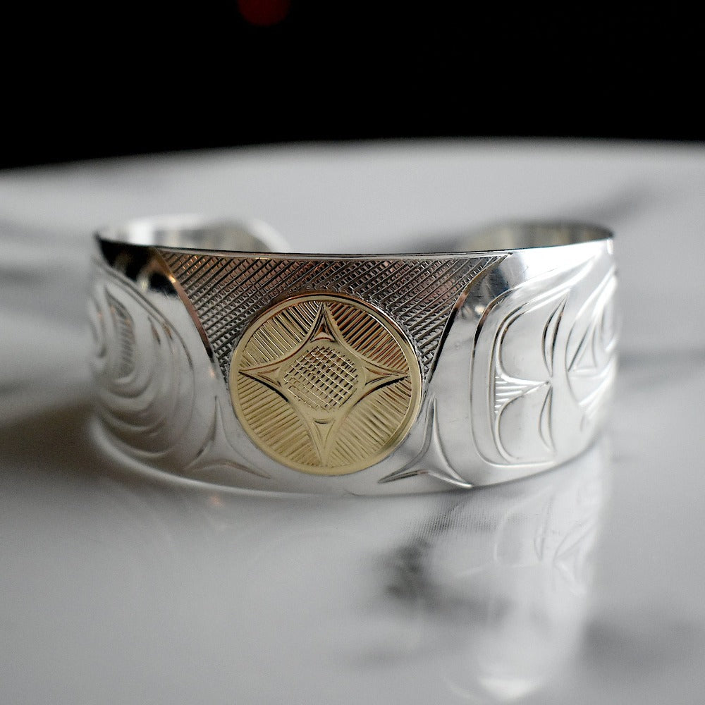 Extra Wide Silver Cuff with Unique 14K Sun Overlay - Magpie Jewellery
